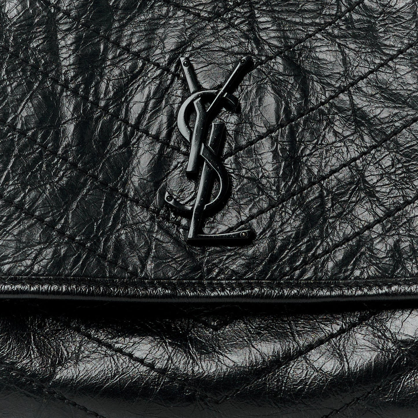 Crinkled Calfskin Matelasse Monogram Medium Niki Chain Satchel Black