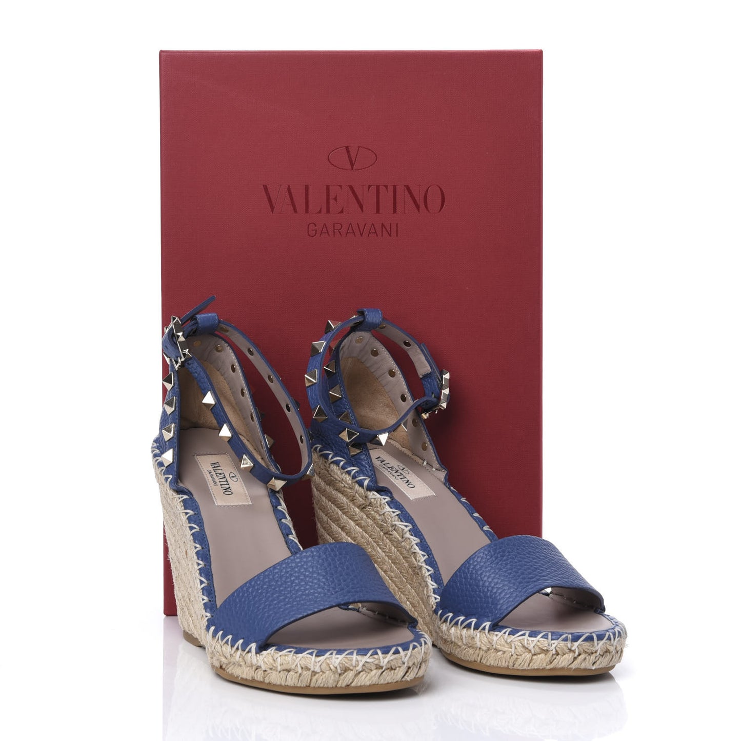 Grained Calfskin Rockstud Ankle Strap Espadrille 15/105mm Wedge Sandals 36 Baltique Natural