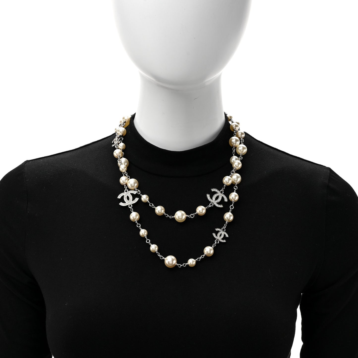 Graduated Pearl Crystal CC Long Necklace Silver