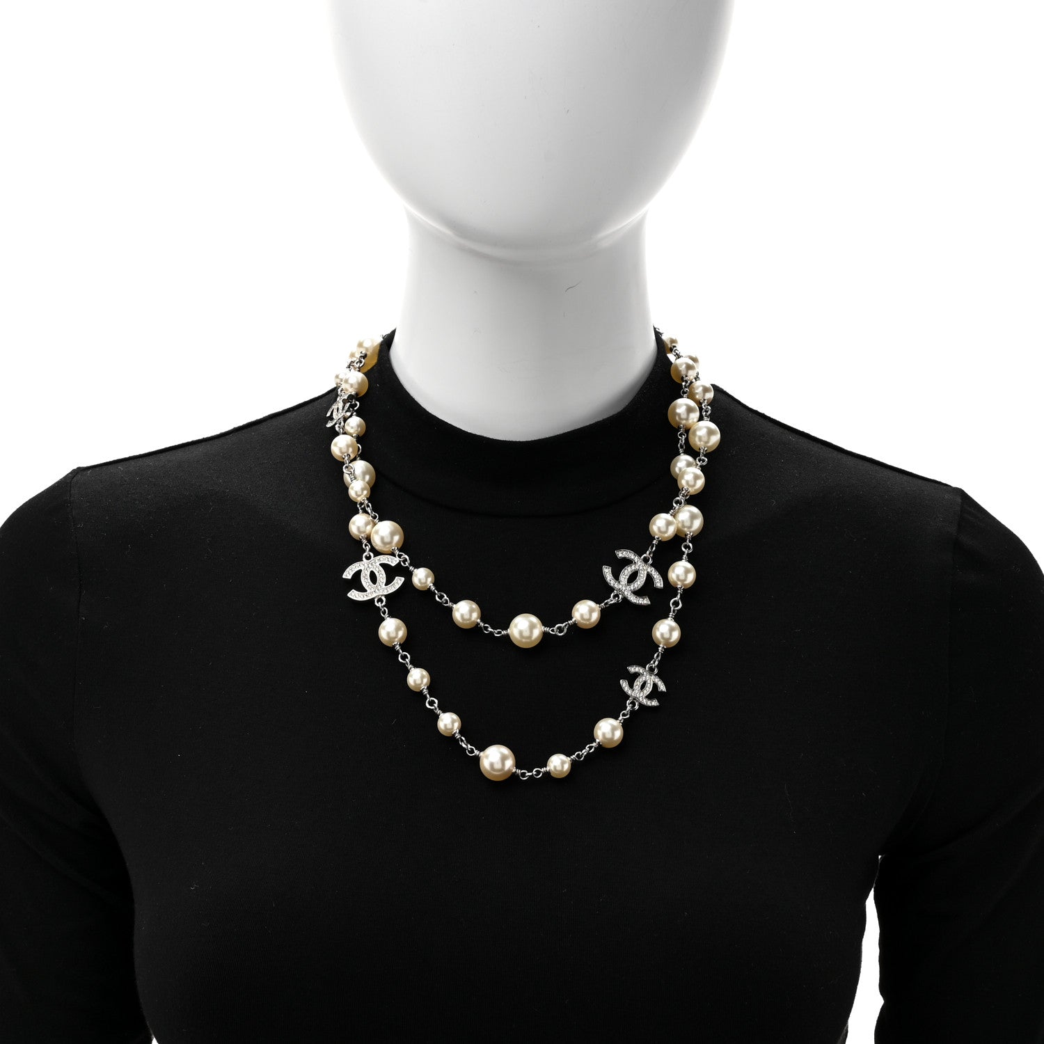 Chanel Graduated Pearl Crystal CC Long Necklace Silver 3 of 4