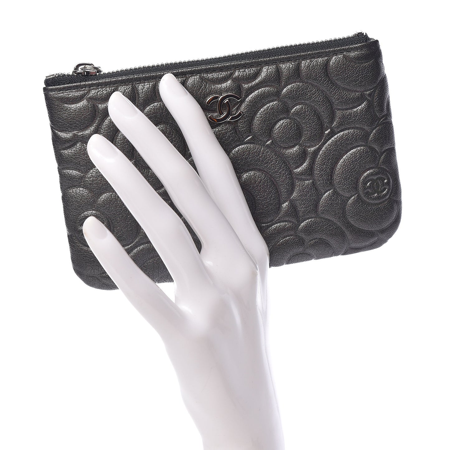 Goatskin Camellia Embossed Cosmetic Pouch Anthracite