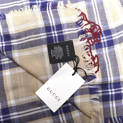 Gucci Wool Tiger Embroidered Plaid Scarf Beige Navy 4 of 4