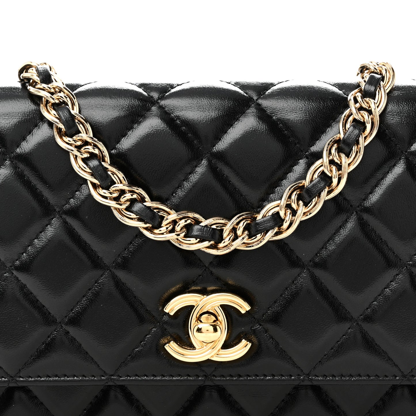 Shiny Lambskin Quilted Golden Links Wallet On Chain WOC Black
