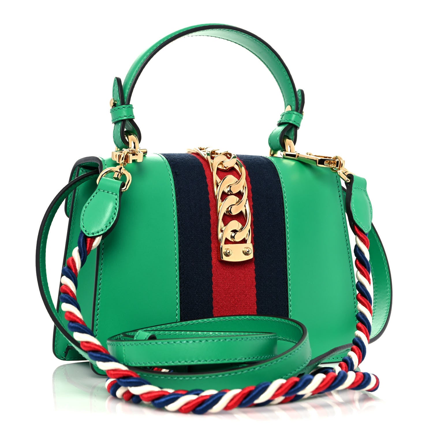 Gucci Vitello Fontanella Web Mini Sylvie Top Handle Bag Synthetic Green Garden 2 of 9