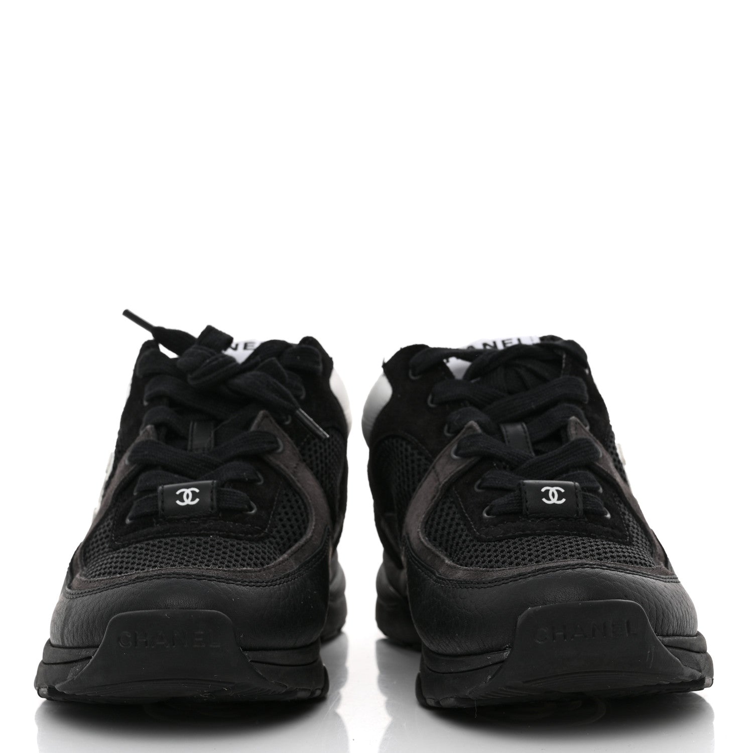 Chanel Mesh Suede Grained Calfskin Womens CC Sneakers 36.5 Black White 2 of 9
