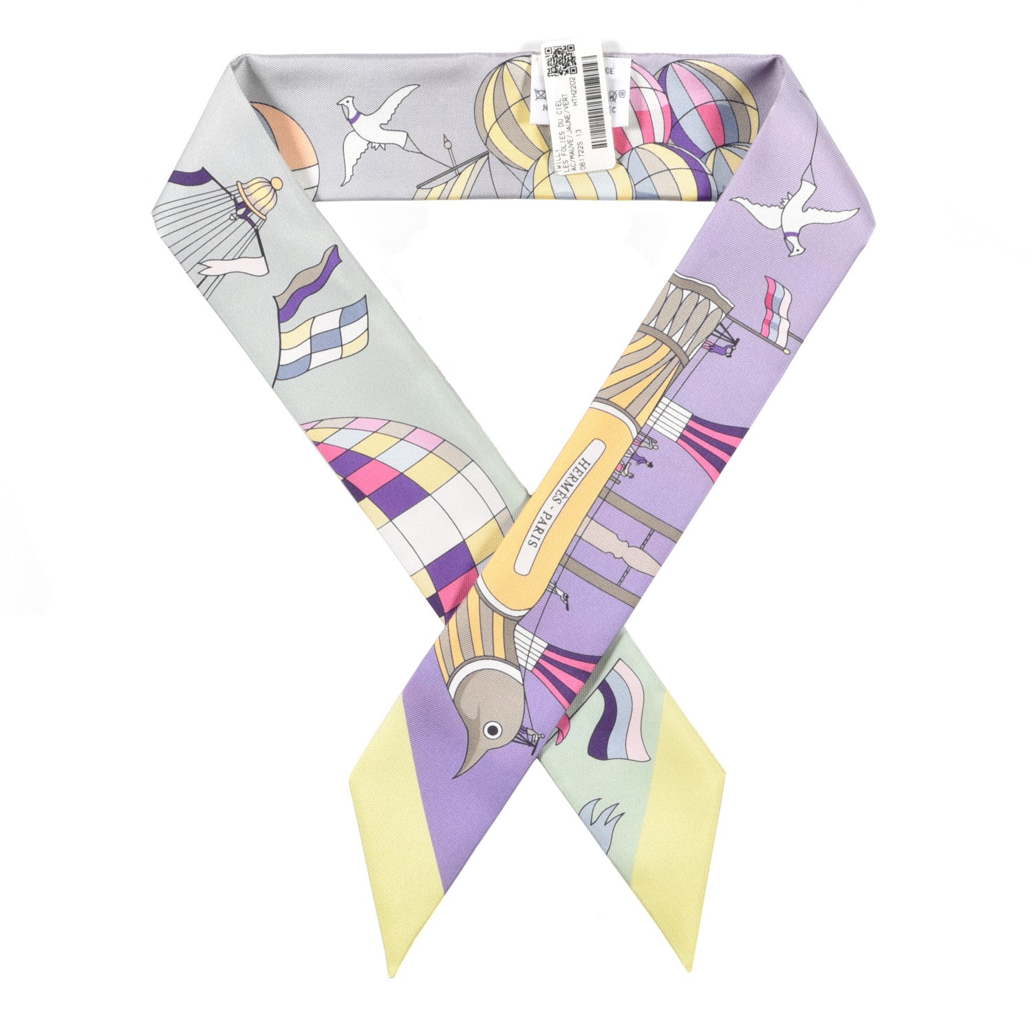 Hermes Silk Les Folies Du Ciel Twilly Mauve Jaune Vert 1 of 4