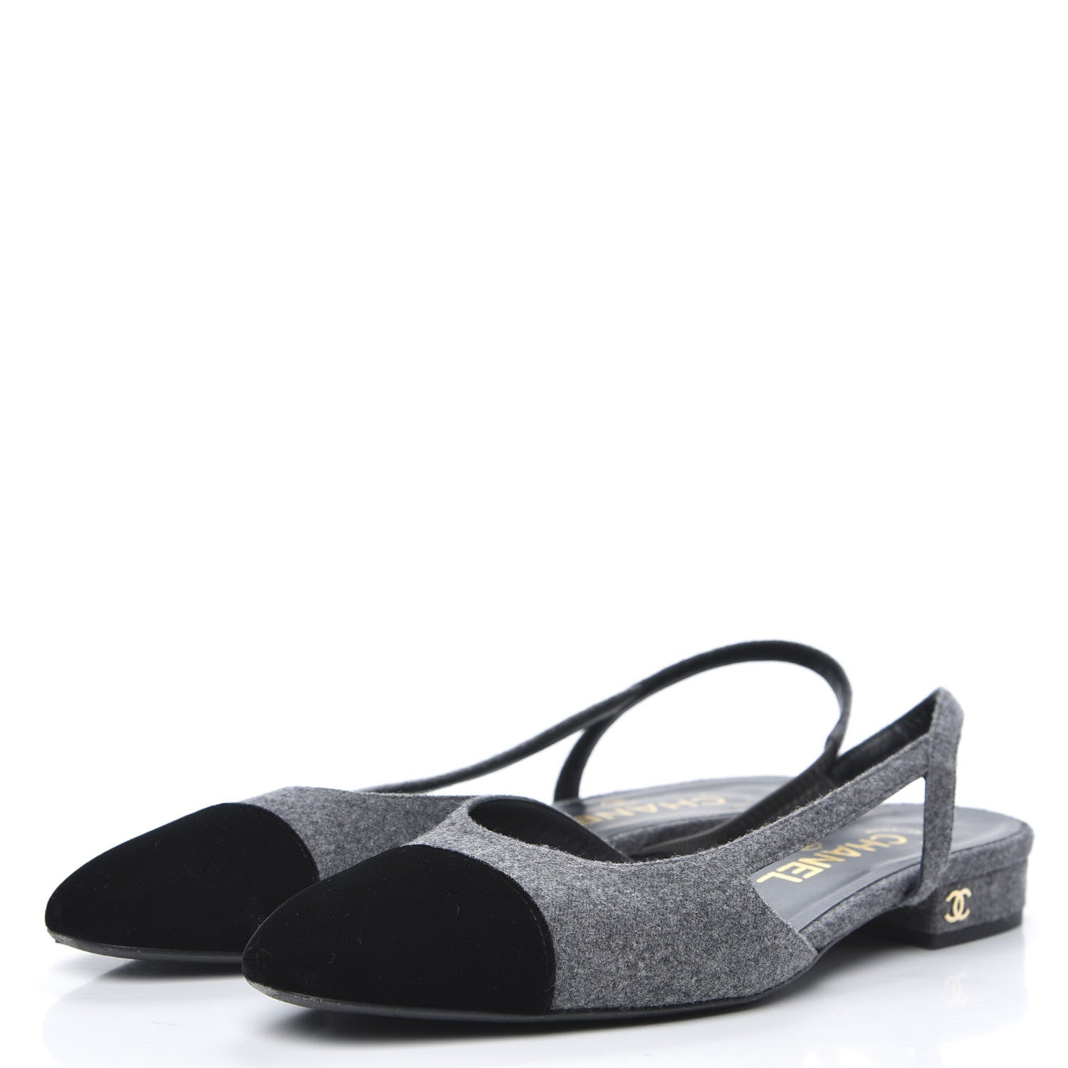 Chanel Wool Velvet Cap Toe CC Slingback Pumps 36.5 Black Grey 3 of 9