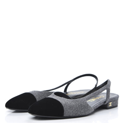 Chanel Wool Velvet Cap Toe CC Slingback Pumps 36.5 Black Grey 3 of 9