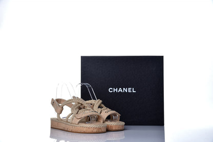 Chanel Cord Lambskin Quilted Logo Sandals 38 Beige 9 of 10