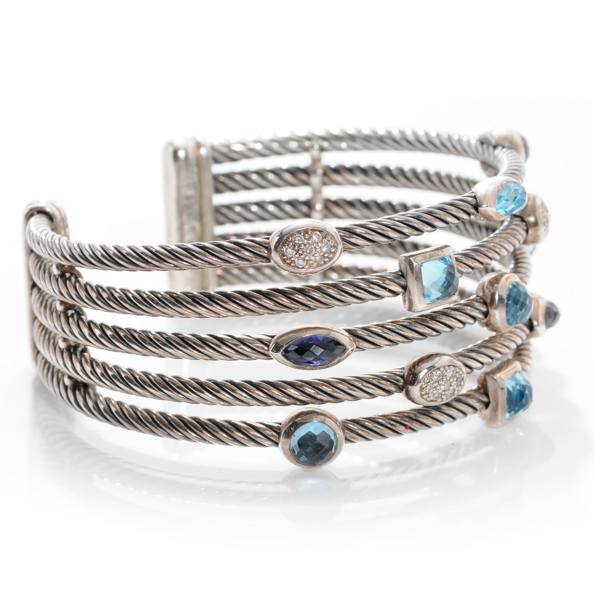 David Yurman Sterling Silver Diamond Blue Topaz Iolite Confetti Five Row Bracelet 4 of 7
