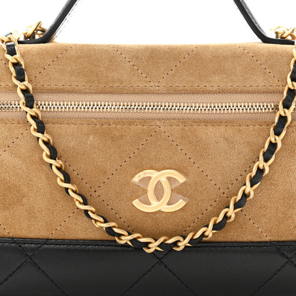 Chanel Suede Calfskin Shiny Lambskin Quilted Top Handle Slim Vanity Case With Chain Beige Black 9 of 11