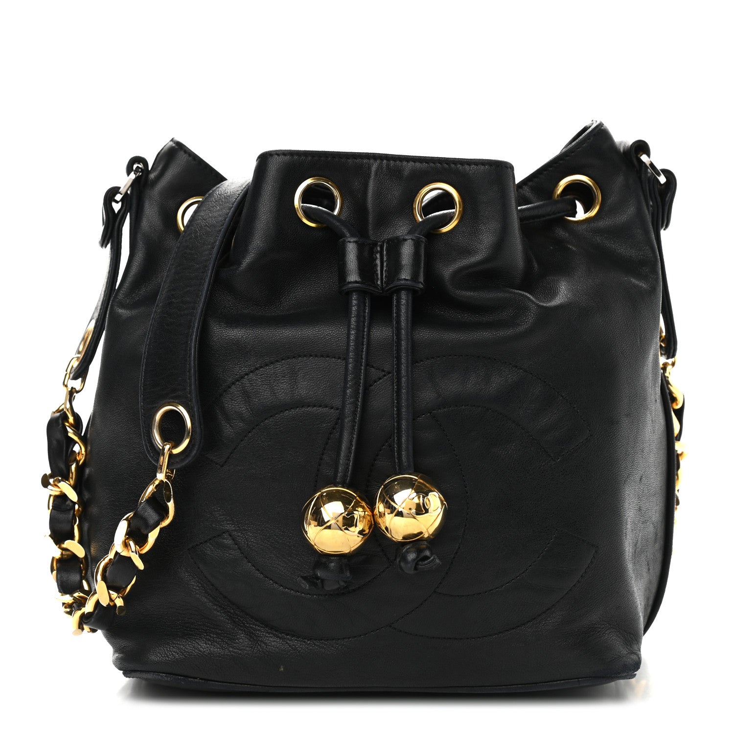 Chanel Lambskin CC Stitched Drawstring Bucket Bag Black 3 of 13
