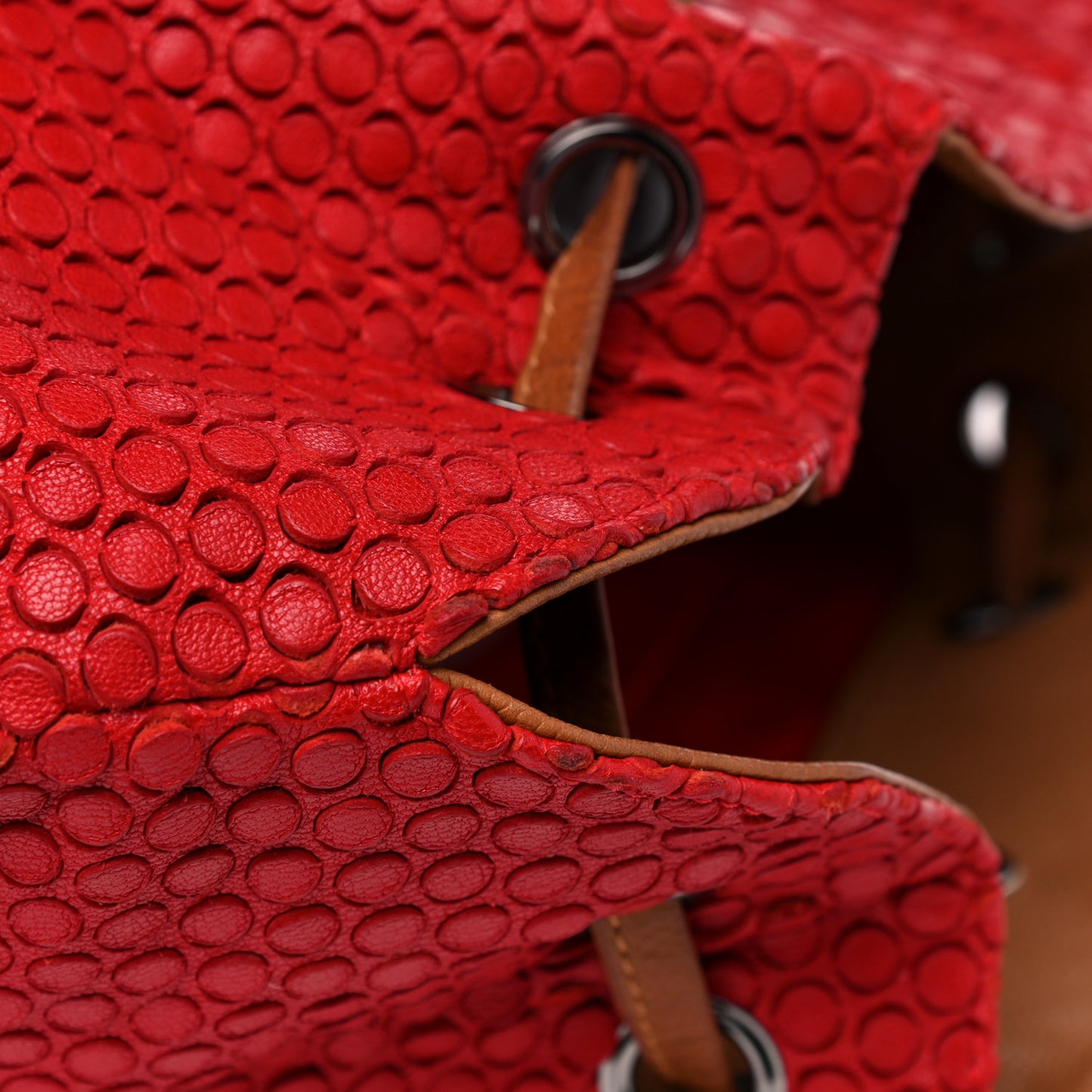 Perforated Calfskin Drawstring Tote Red
