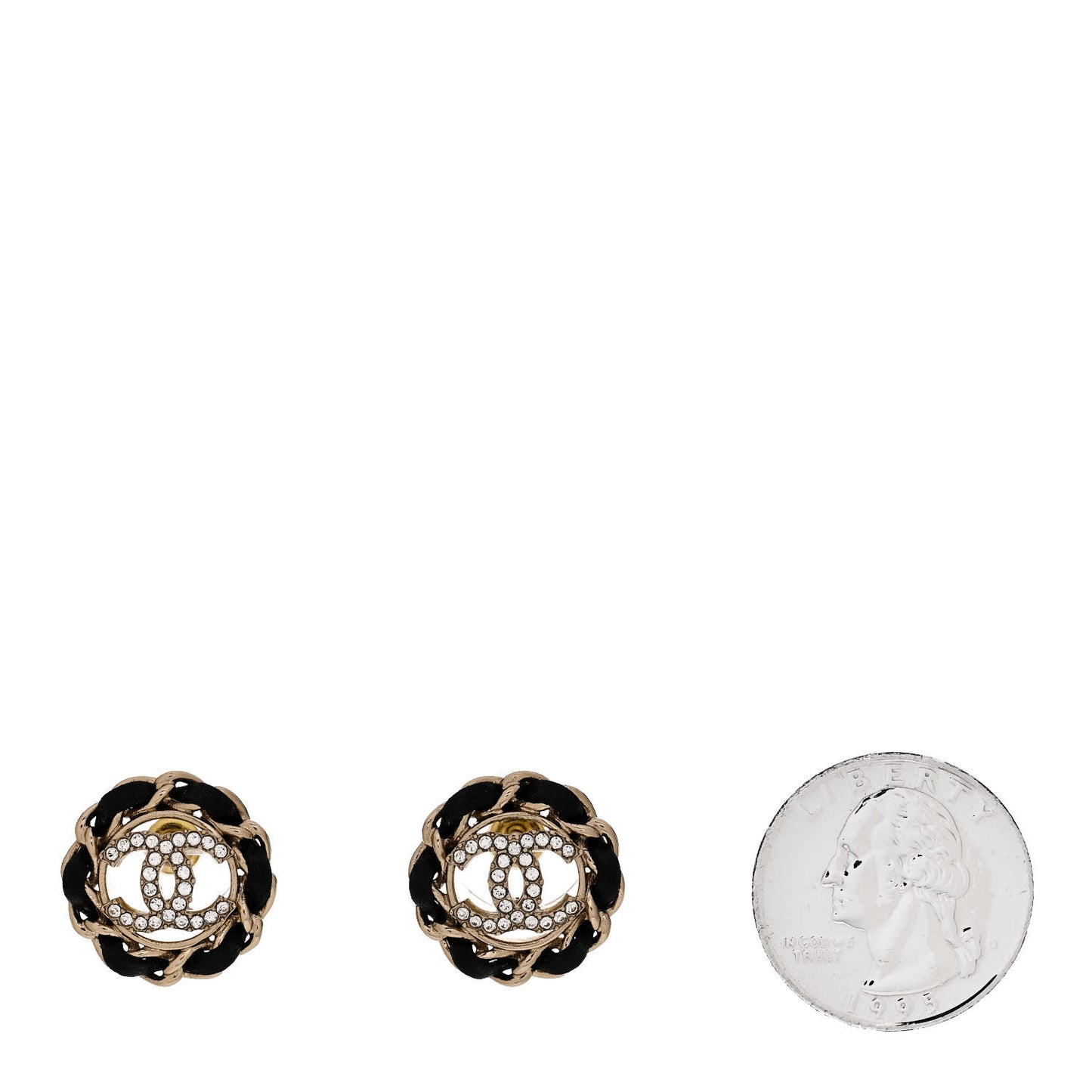 Crystal Lambskin Chain CC Stud Earrings Black Gold