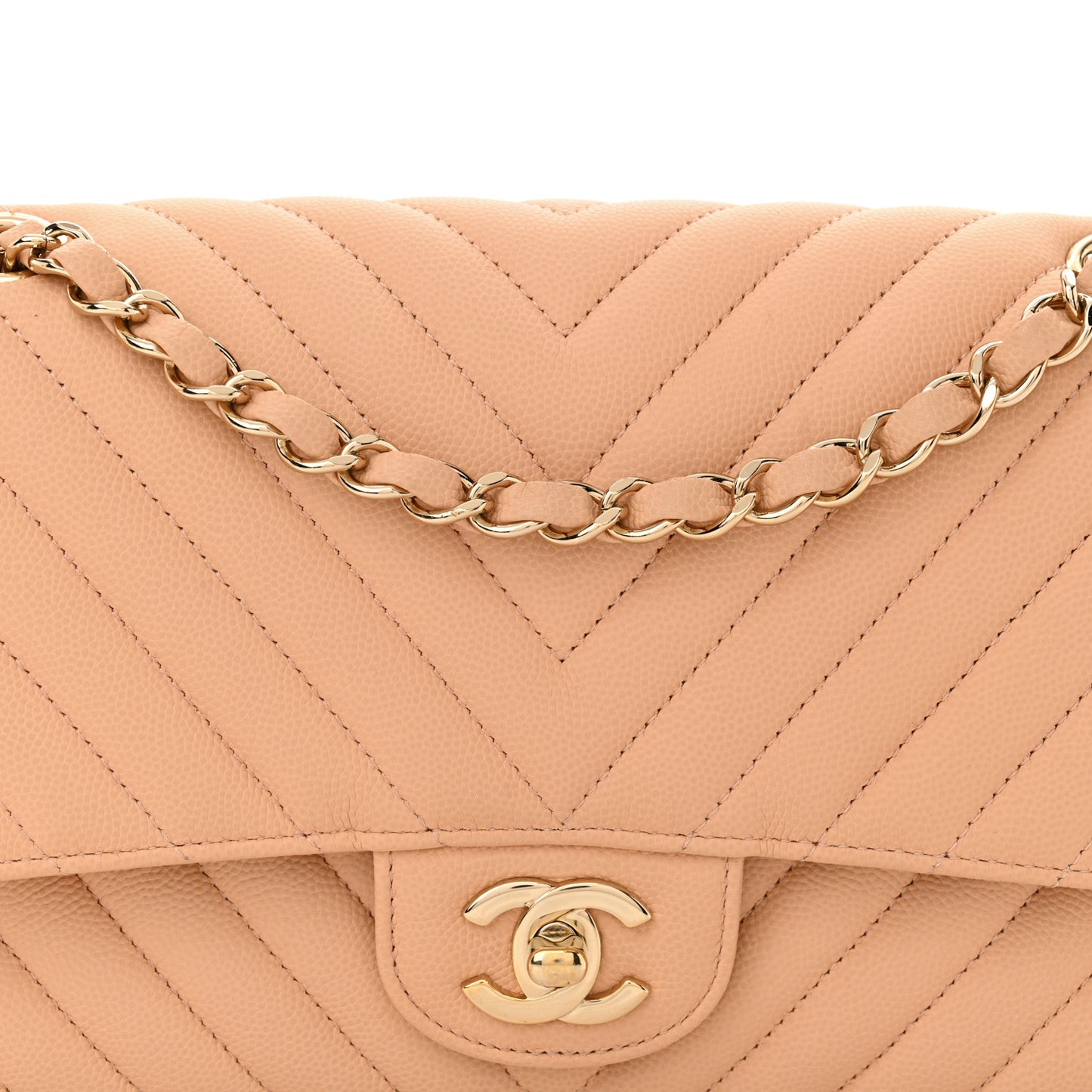 Caviar Chevron Quilted Medium Double Flap Beige
