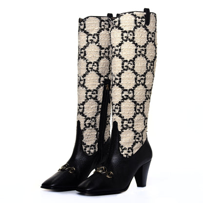 Gucci Tweed GG Monogram Wrinkled Kid Zumi Knee Boots 39 Natural Black 2 of 6