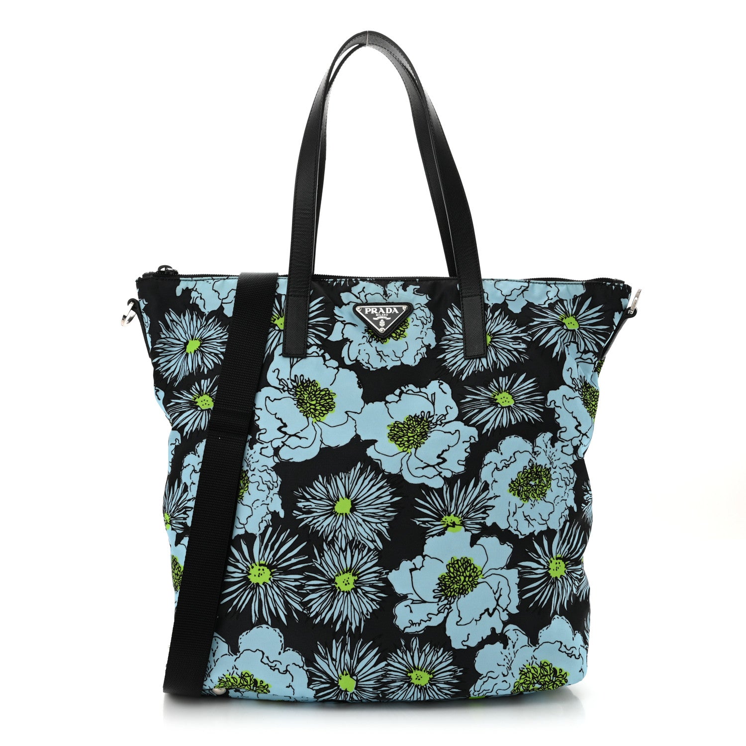 Prada Tessuto Nylon Saffiano Floral Print Tote Black Blue Multicolor 1 of 14