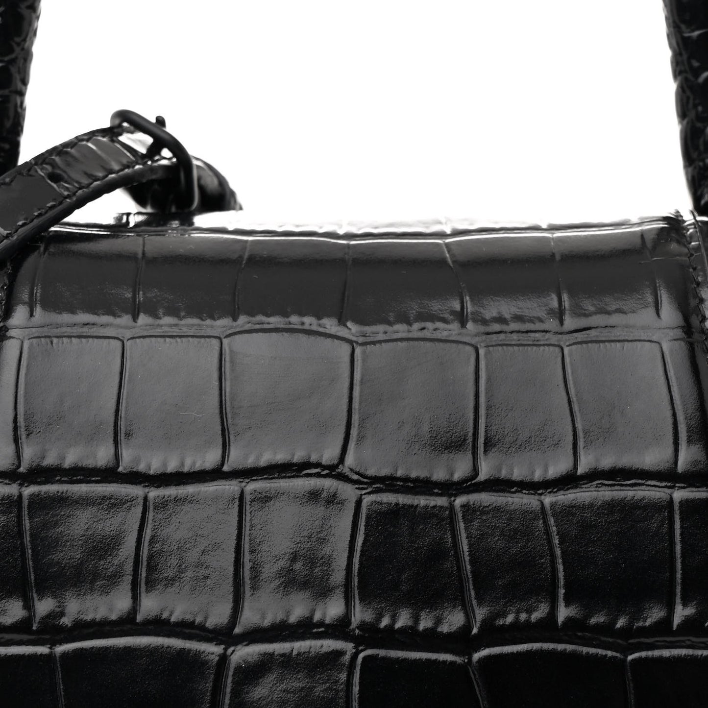 Shiny Calfskin Monochrome Crocodile Embossed Small Hourglass Top Handle Bag Black