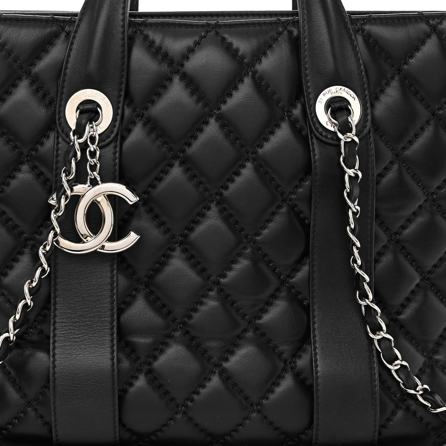 Lambskin Quilted Large Easy Carry Shopping Tote Black