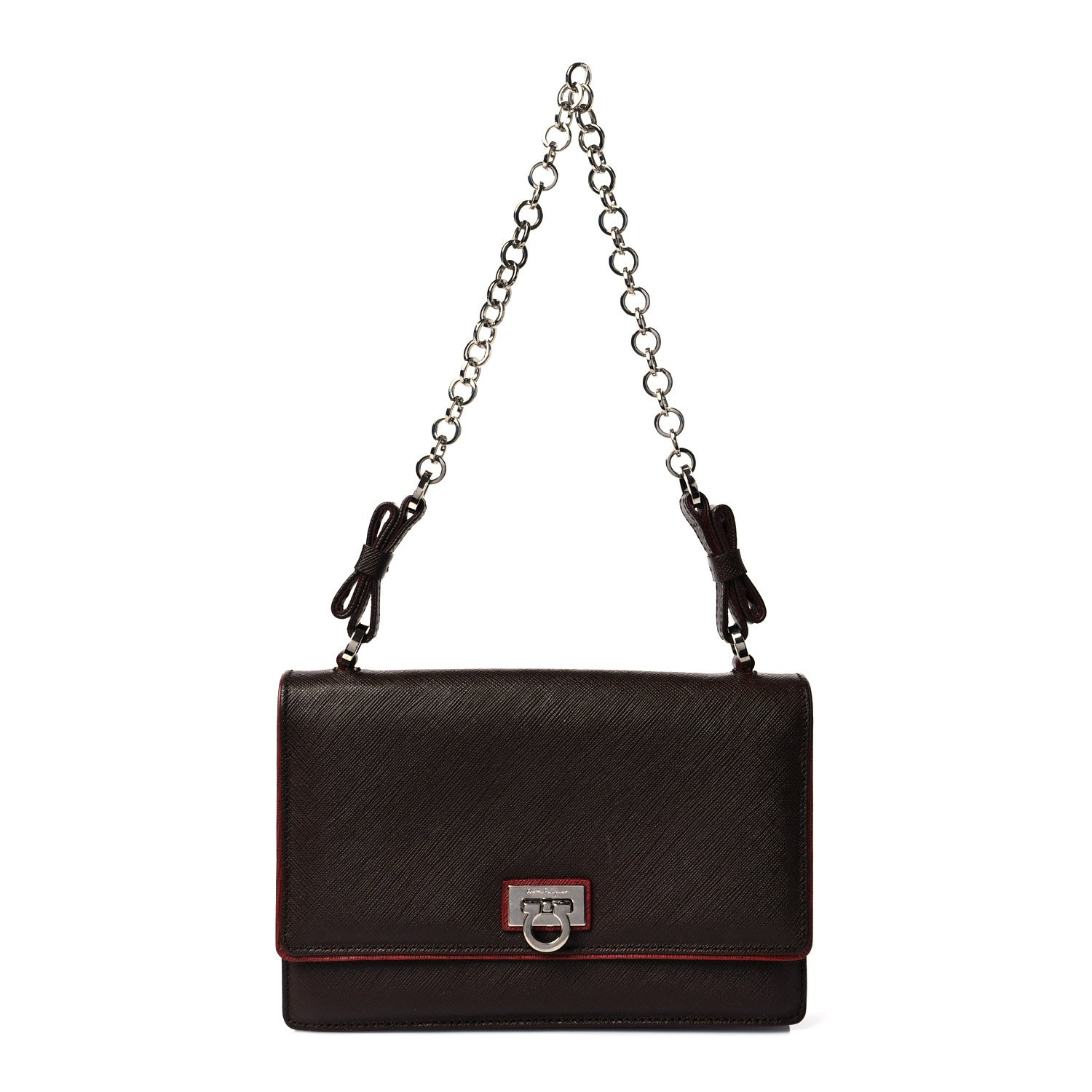 Salvatore Ferragamo Printed Calfskin Gancini Bow Chain Shoulder Bag Black Red 1 of 8