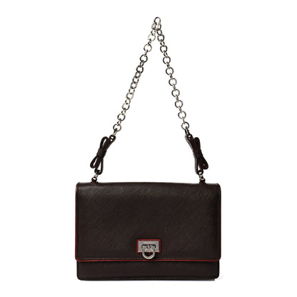 Salvatore Ferragamo Printed Calfskin Gancini Bow Chain Shoulder Bag Black Red 1 of 8