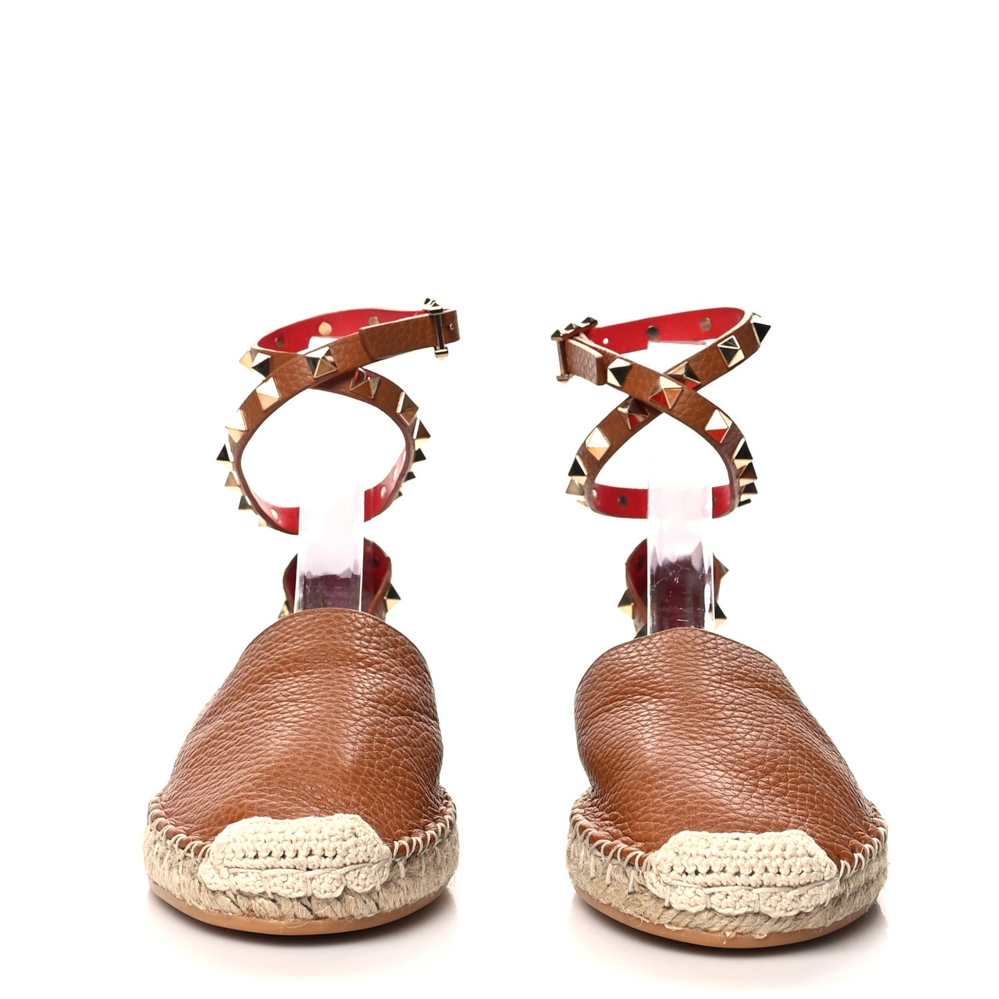 Grained Calfskin Rockstud Ankle Wrap Espadrille Flats 36 Cognac