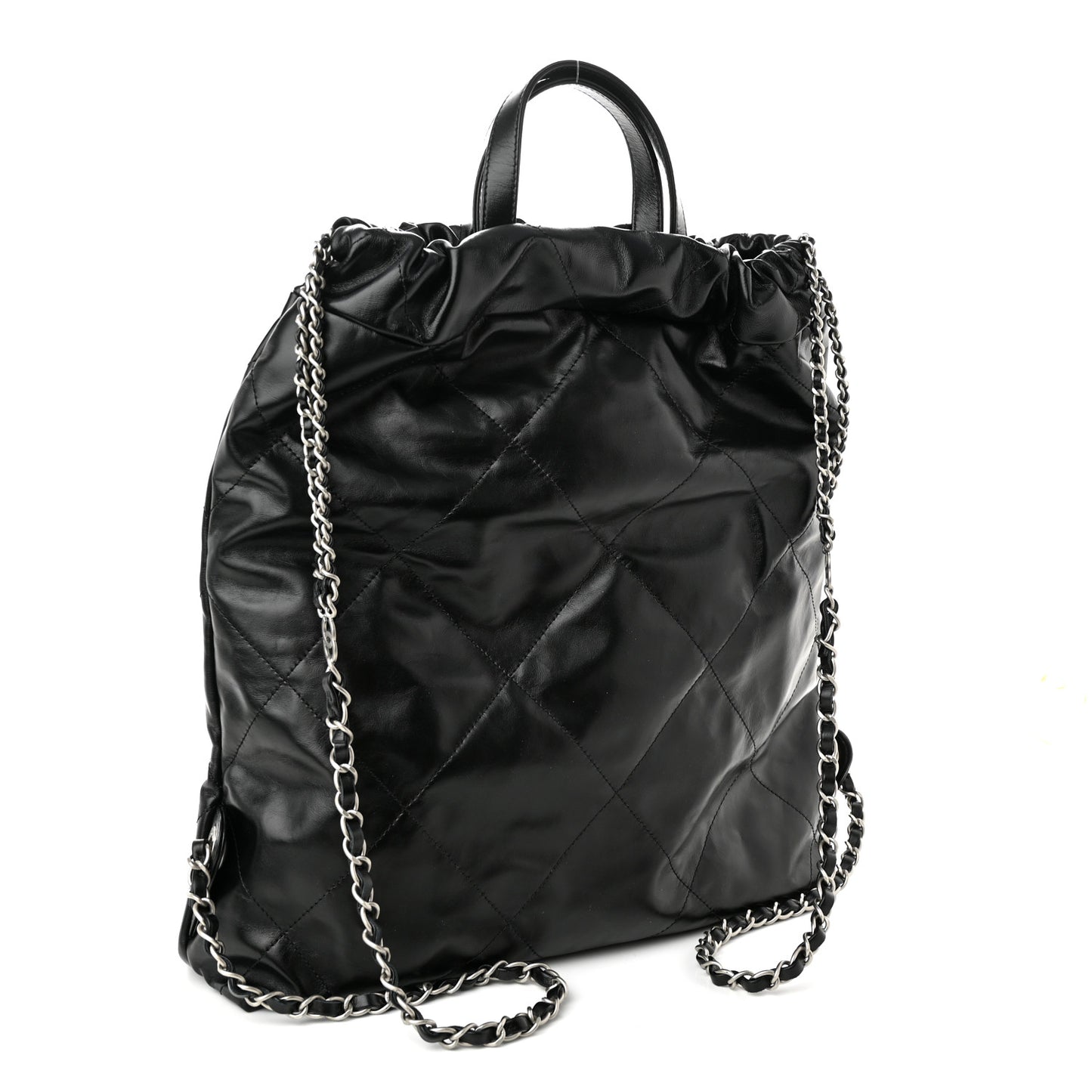 Shiny Calfskin Quilted Chanel 22 Backpack Black