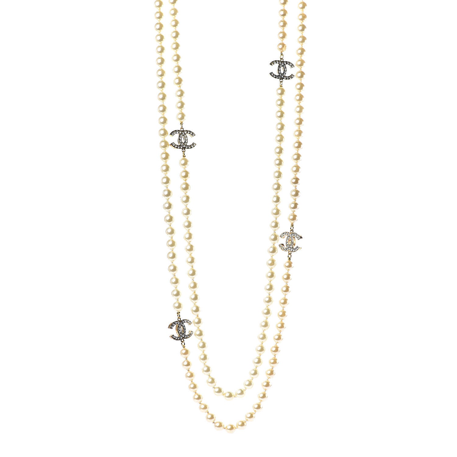 Chanel Pearl Crystal Long CC Necklace Gold 1 of 7