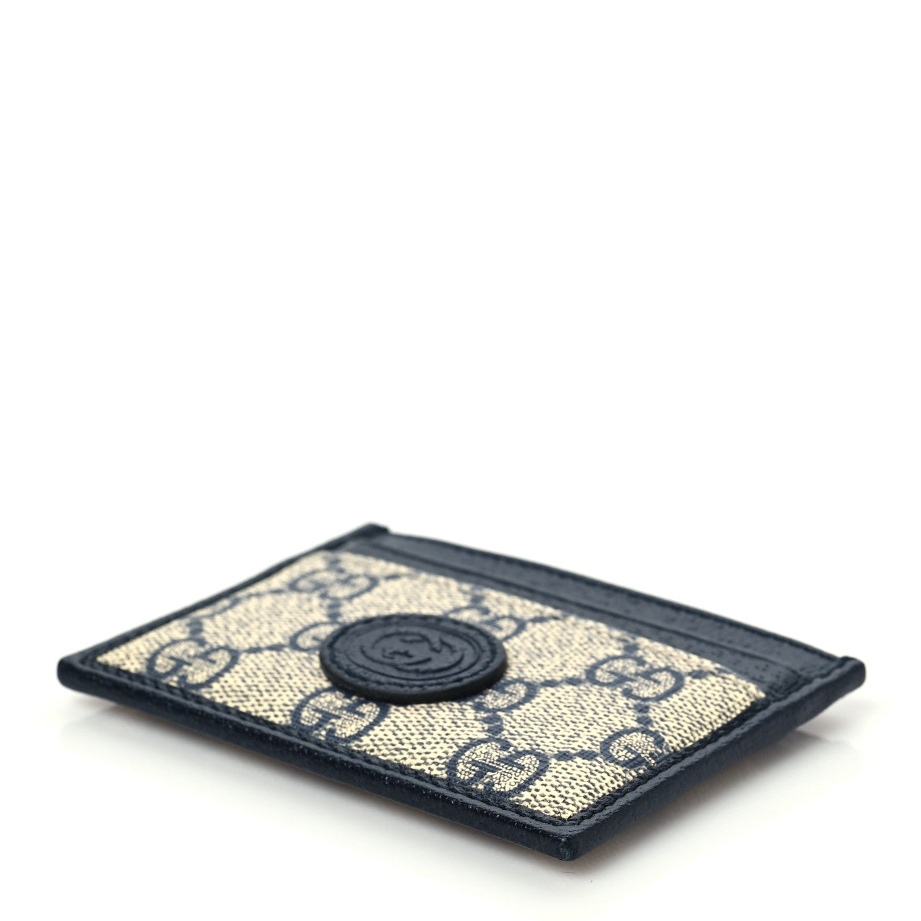 GG Supreme Monogram Textured Dollar Calfskin Retro Interlocking G Card Holder Beige Blue