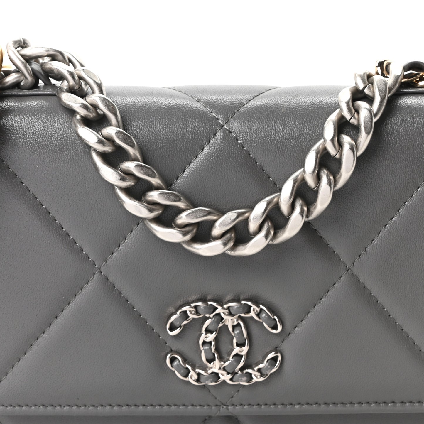 Lambskin Quilted Chanel 19 Wallet On Chain WOC Grey