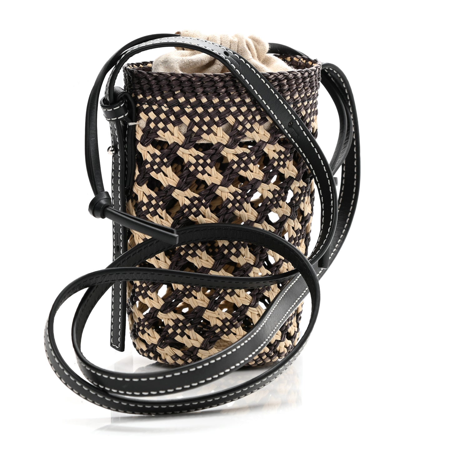 Calfskin Raffia Paula's Ibiza Pocket Bucket Bag Natural Navy Blue
