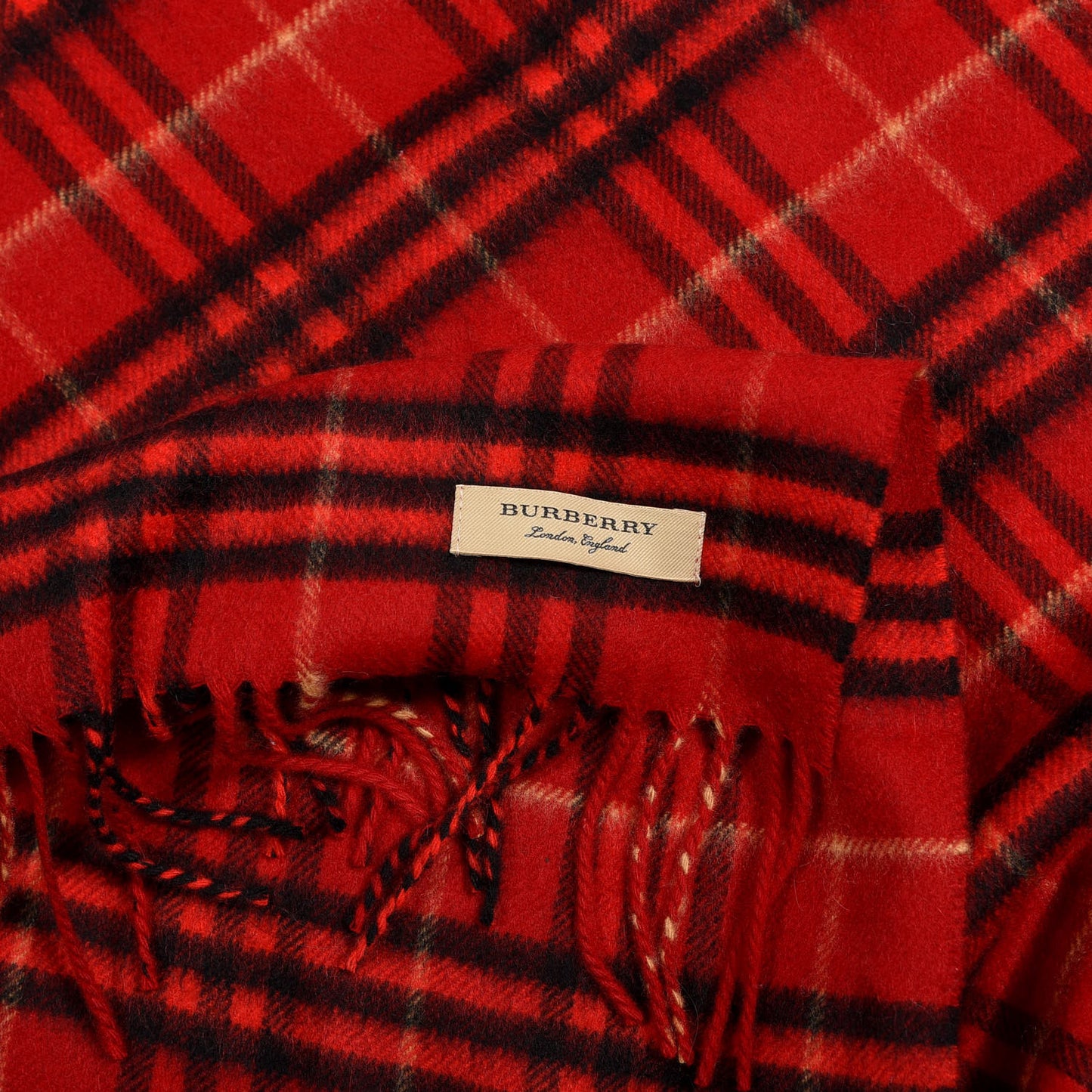 Cashmere Vintage Check Fringe Scarf Red
