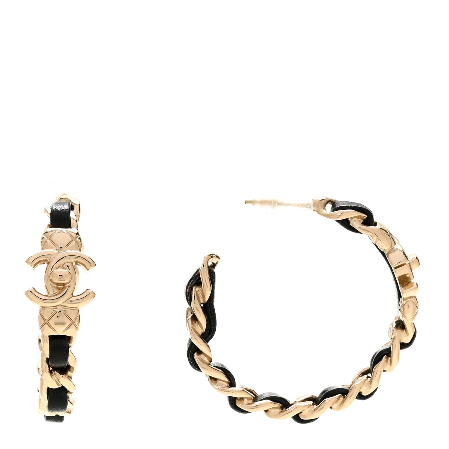 Metal Lambskin Quilted CC Turnlock Chain Hoop Earrings Gold Black