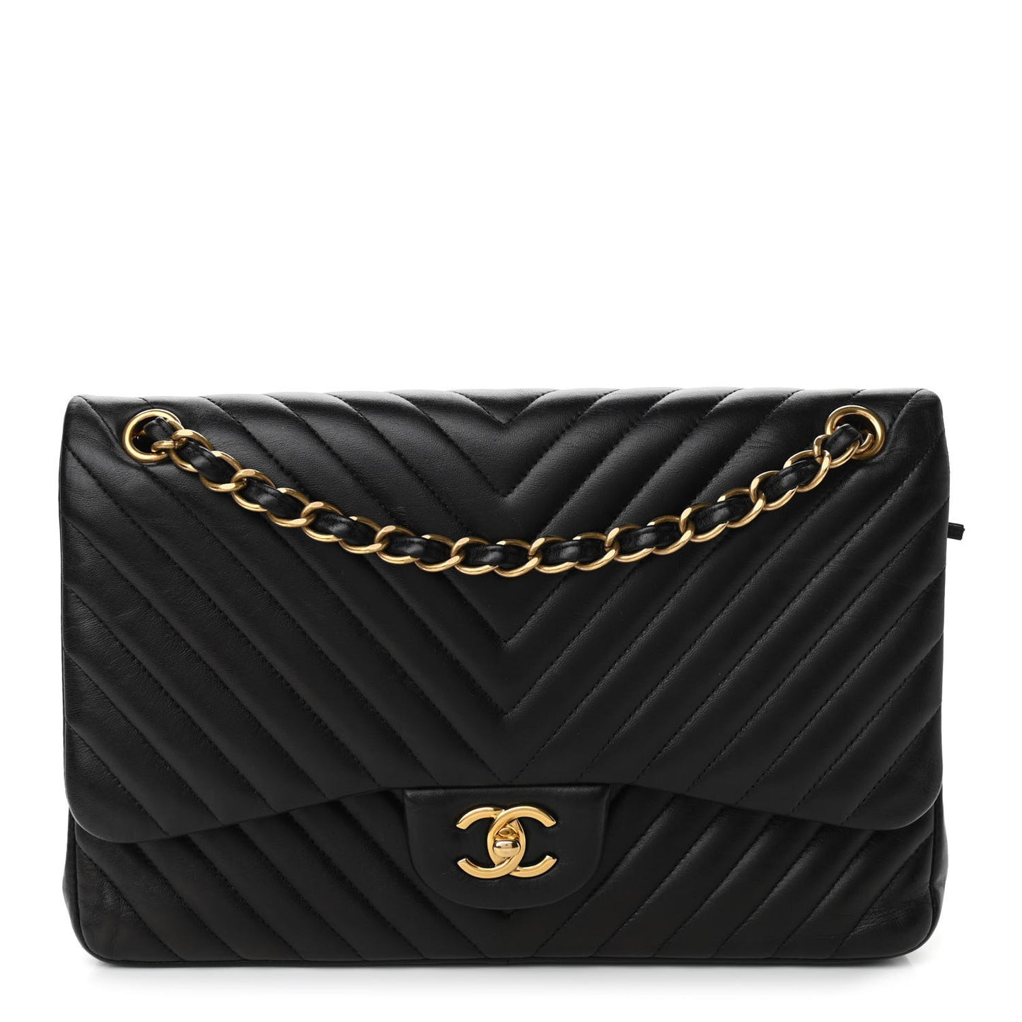 Lambskin Chevron Quilted Jumbo Double Flap Black