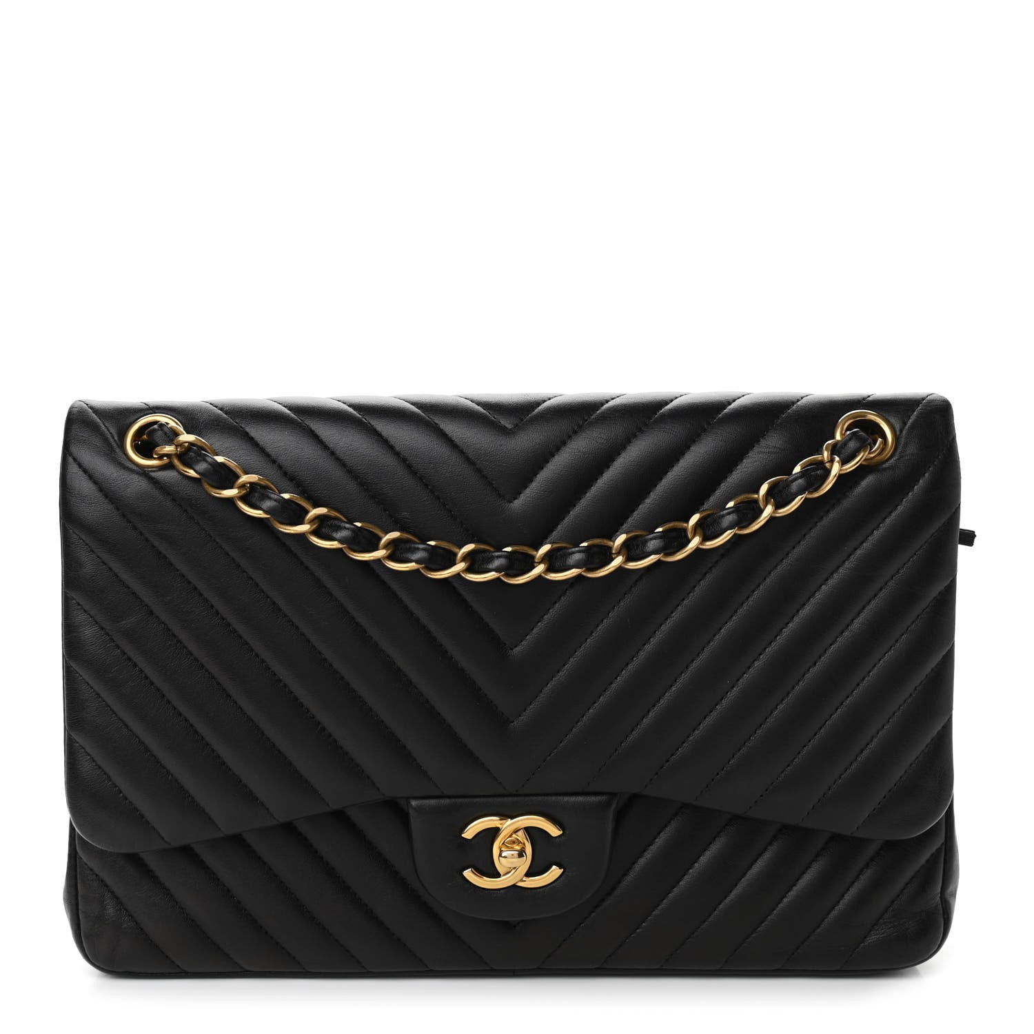 Chanel Lambskin Chevron Quilted Jumbo Double Flap Black 1 of 12