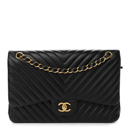 Chanel Lambskin Chevron Quilted Jumbo Double Flap Black 1 of 12