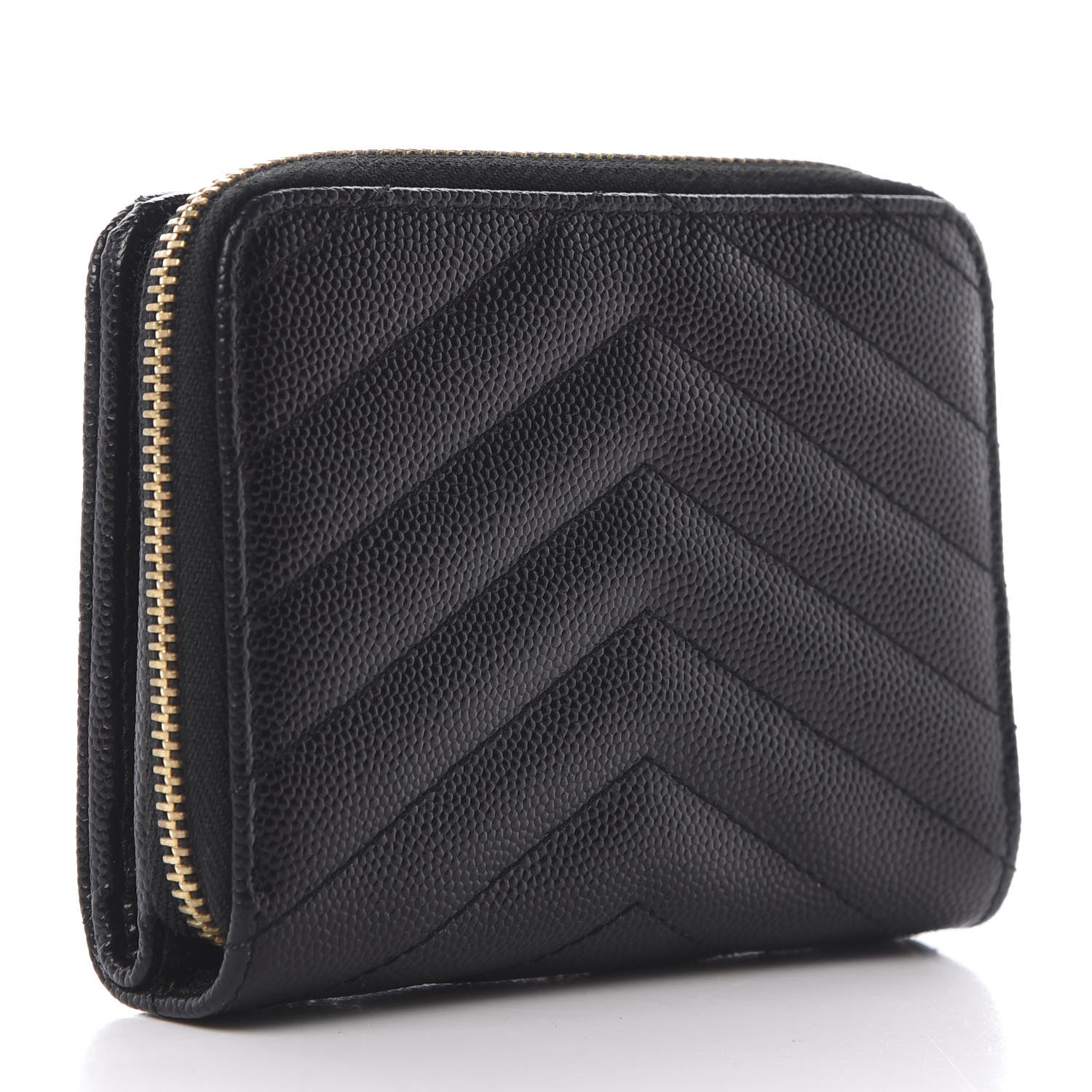 Saint Laurent Grain De Poudre Matelasse Chevron Monogram Compact Zip Around Wallet Black 3 of 9