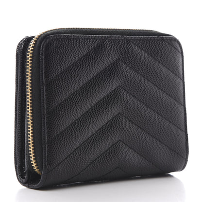 Saint Laurent Grain De Poudre Matelasse Chevron Monogram Compact Zip Around Wallet Black 3 of 9