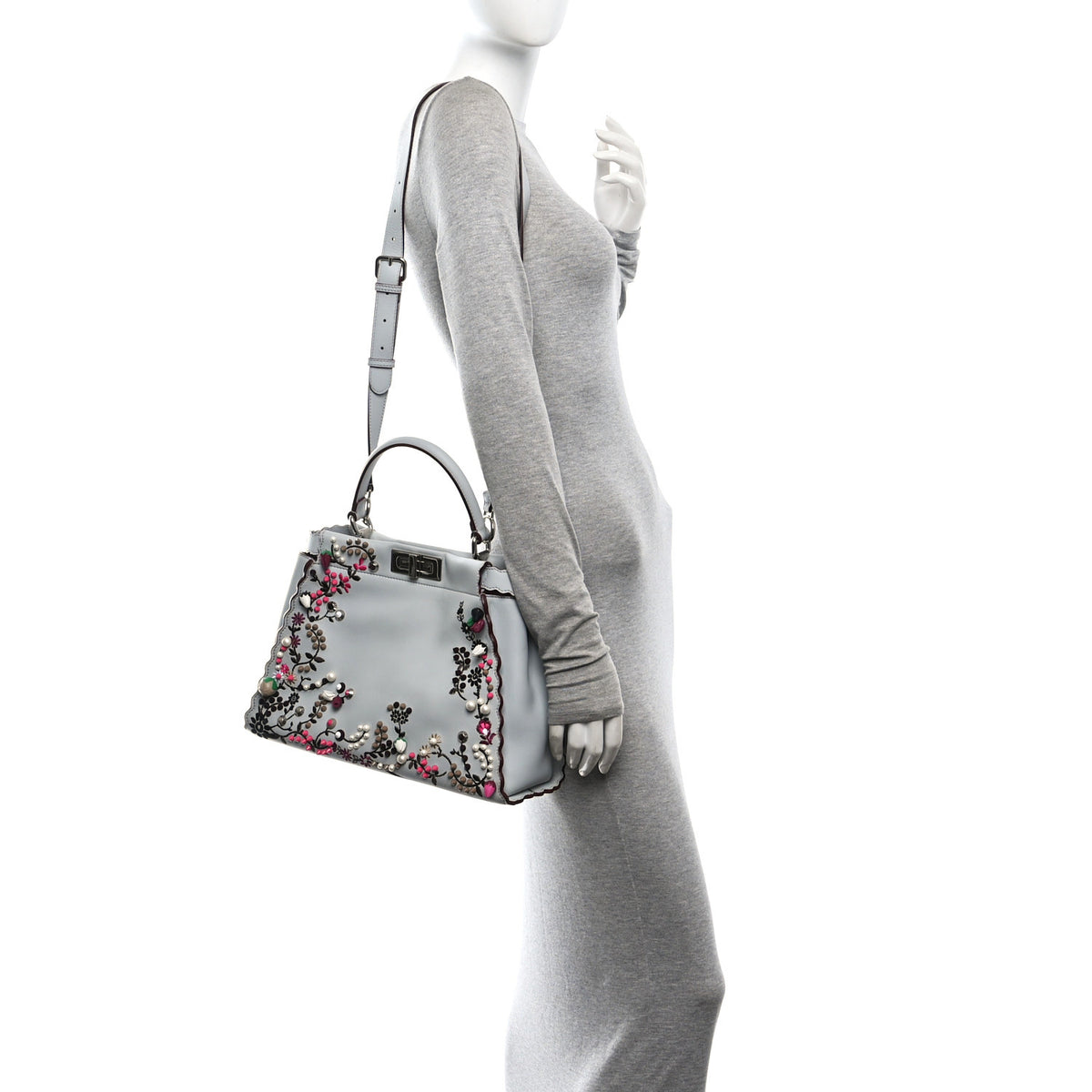 Fendi Vitello Seta Shiny Nappa Pearl Scalloped Studded Floral Embroidered Medium Peekaboo Iconic Satchel Grigio Perla Multicolor 2 of 9