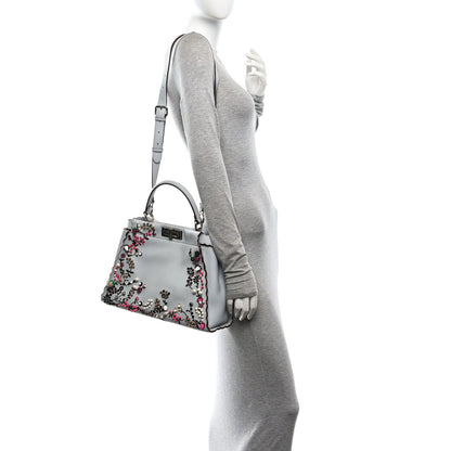Fendi Vitello Seta Shiny Nappa Pearl Scalloped Studded Floral Embroidered Medium Peekaboo Iconic Satchel Grigio Perla Multicolor 2 of 9