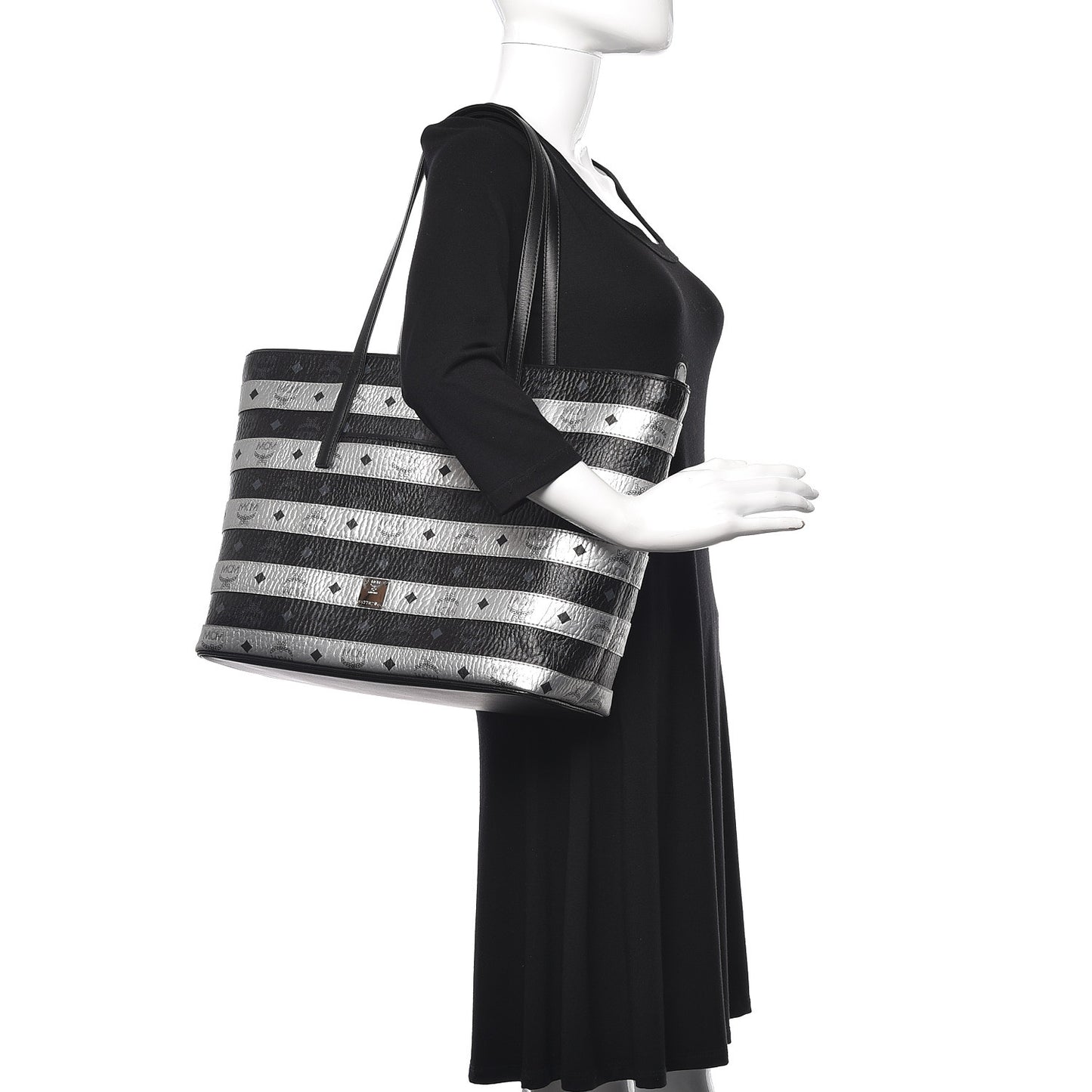 Metallic Visetos Striped Medium Anya Shopper Tote Black Silver
