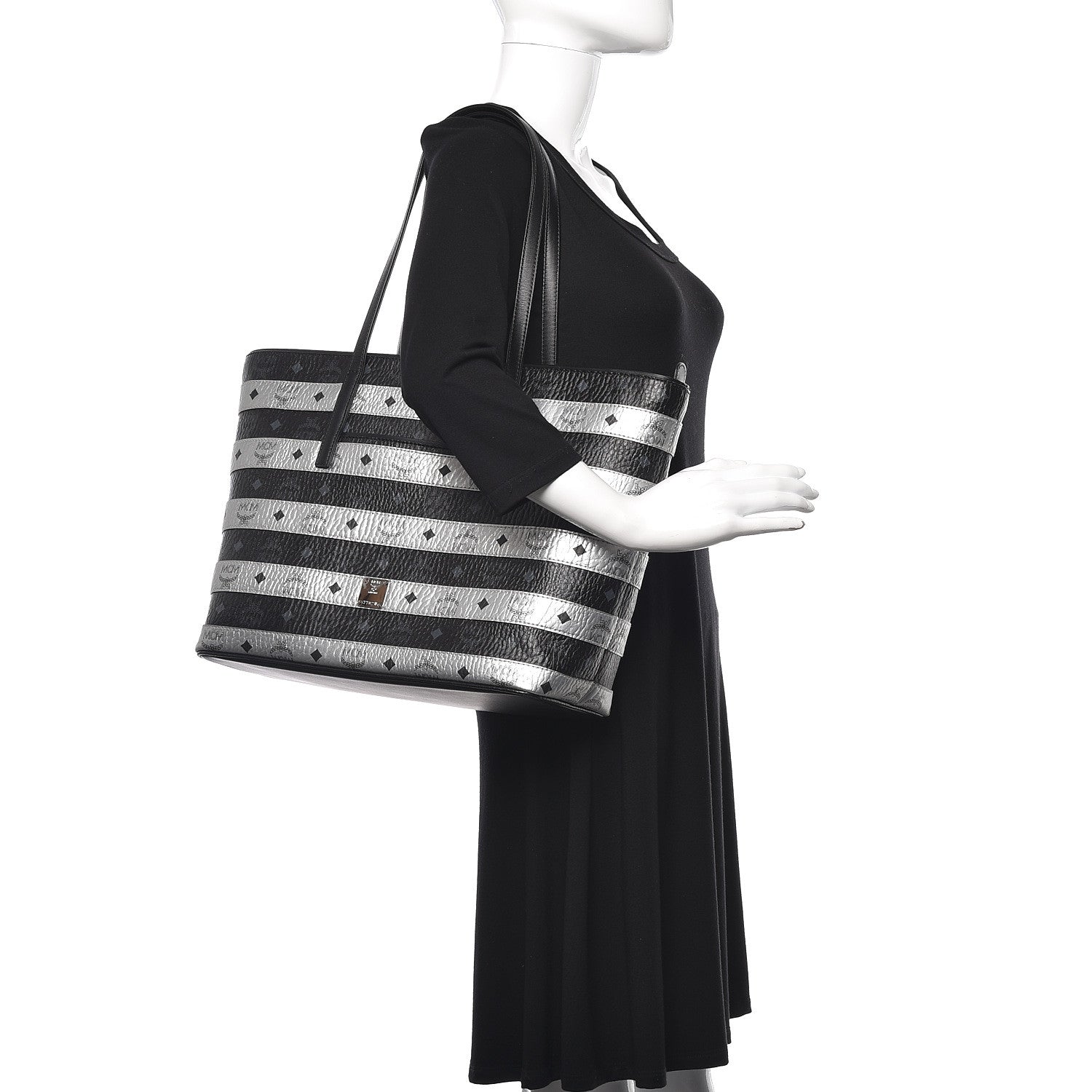 MCM Metallic Visetos Striped Medium Anya Shopper Tote Black Silver 2 of 9
