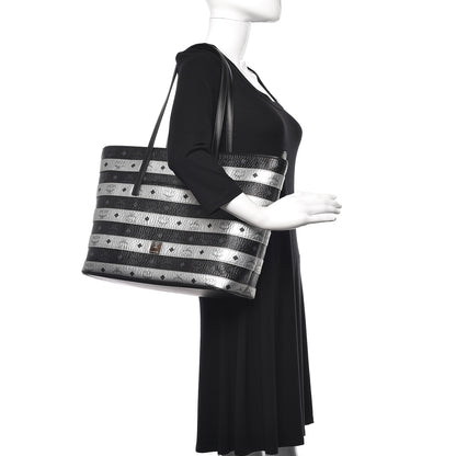 MCM Metallic Visetos Striped Medium Anya Shopper Tote Black Silver 2 of 9