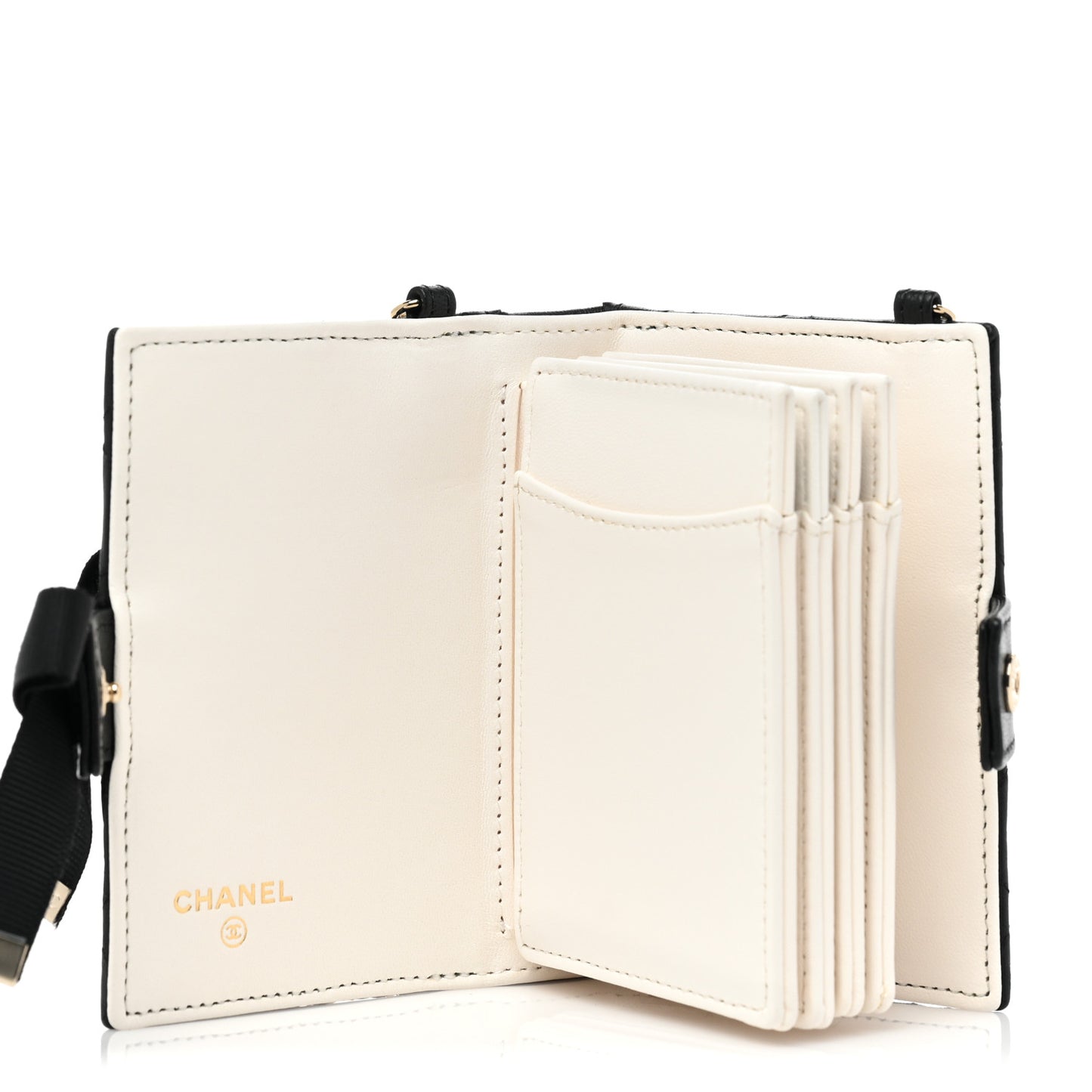 Lambskin Quilted Book Card Holder on Chain Black