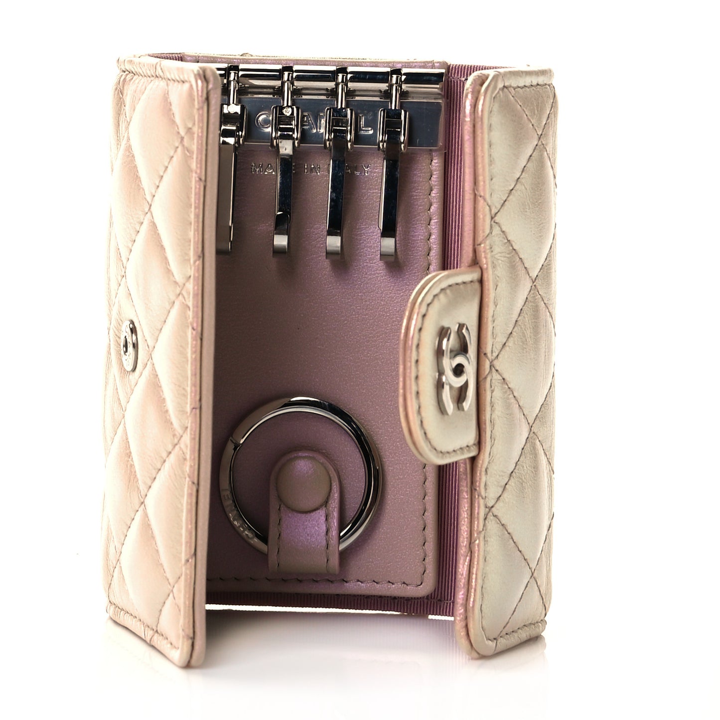 Iridescent Calfskin Quilted Classic 4 Key Holder Wallet Pink