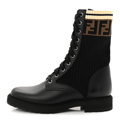 Fendi Calfskin Stretch Fabric Rockoko Biker Boots 37 Tobacco Black Marino 1 of 9