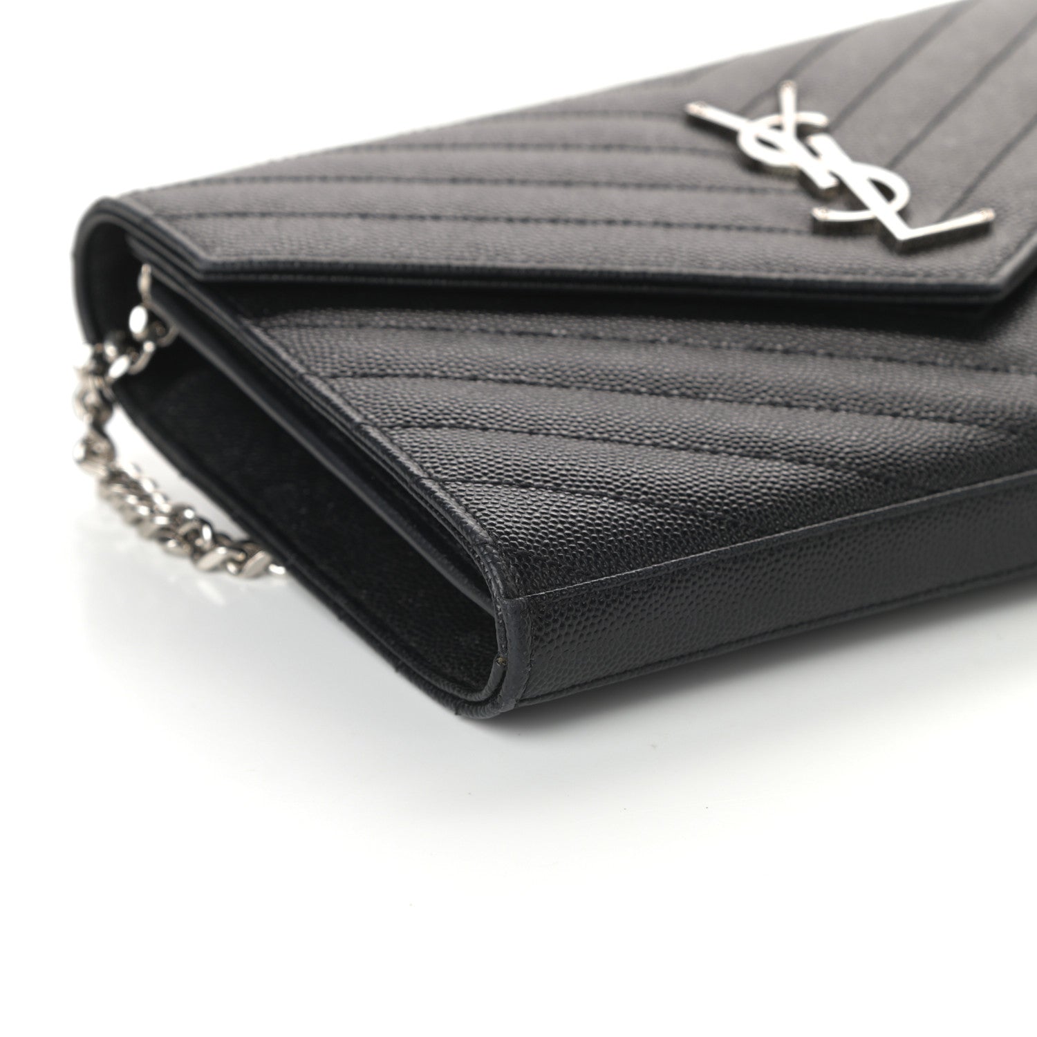 Saint Laurent Grain De Poudre Matelasse Chevron Monogram Chain Wallet Black 8 of 10