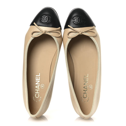 Chanel Lambskin Cap Toe CC Ballerina Flats 38.5 Beige Black 2 of 12