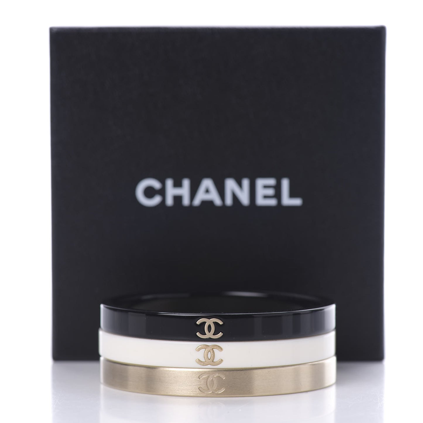Resin Metal CC Bangle Set of 3 Black White Gold