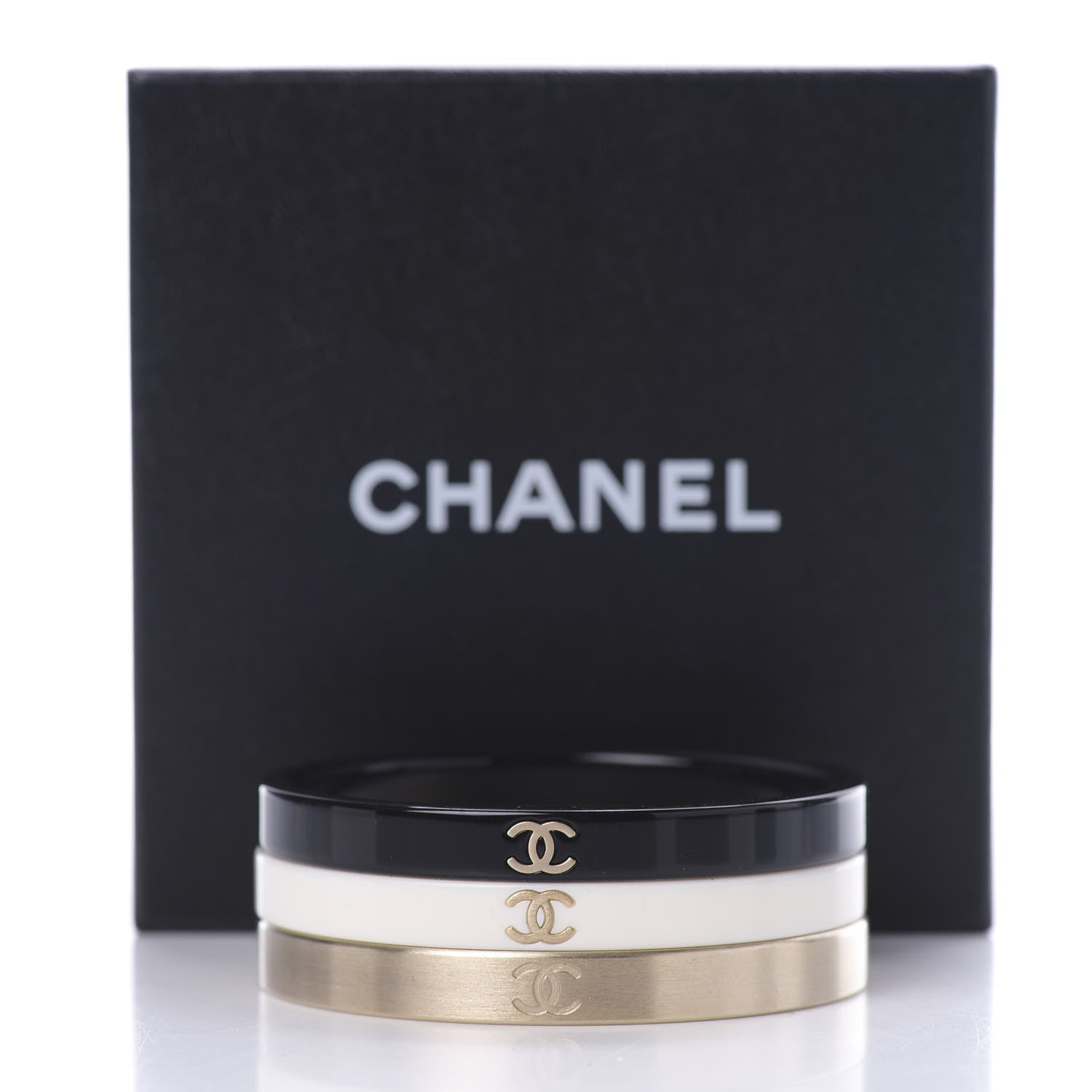 Chanel Resin Metal CC Bangle Set of 3 Black White Gold 5 of 5